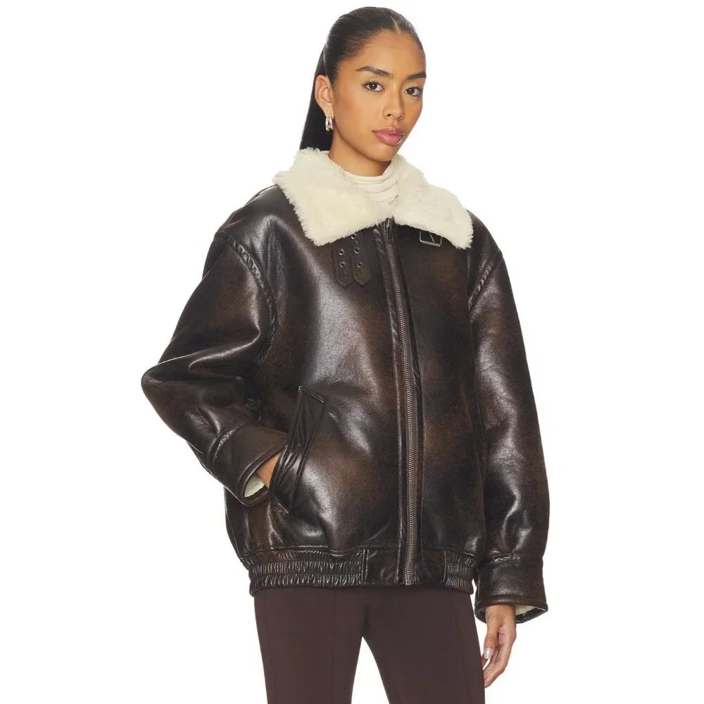 Superdown Amelia Faux Leather Jacket in Brown Large New with Tags Womens - Picture 3 of 9